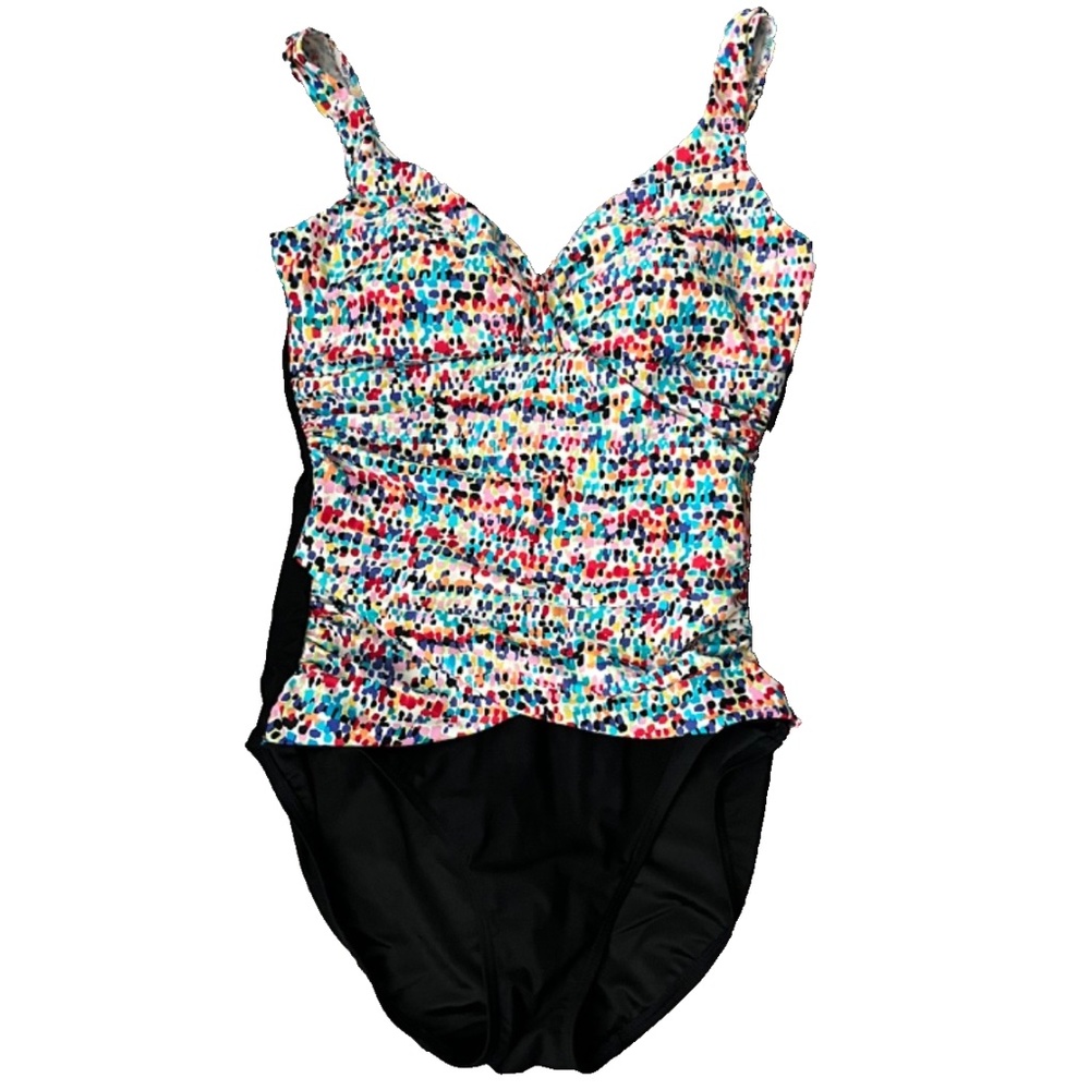 Beach Diva Women's Black Confetti Dot Tummy Control One-Piece Swimsuit Size 12